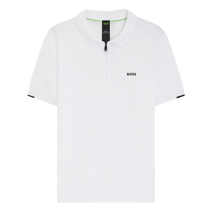 A white short-sleeve polo shirt by Hugo Boss, featuring a small black embroidered logo on the left chest, a black zipper at the collar, and black trim details on the sleeve cuffs.