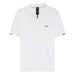 A white short-sleeve polo shirt by Hugo Boss, featuring a small black embroidered logo on the left chest, a black zipper at the collar, and black trim details on the sleeve cuffs.