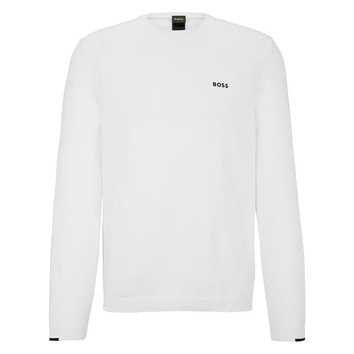 A white long-sleeve crewneck sweatshirt with a small black 'BOSS' logo on the left chest, displayed on a clean white background.
