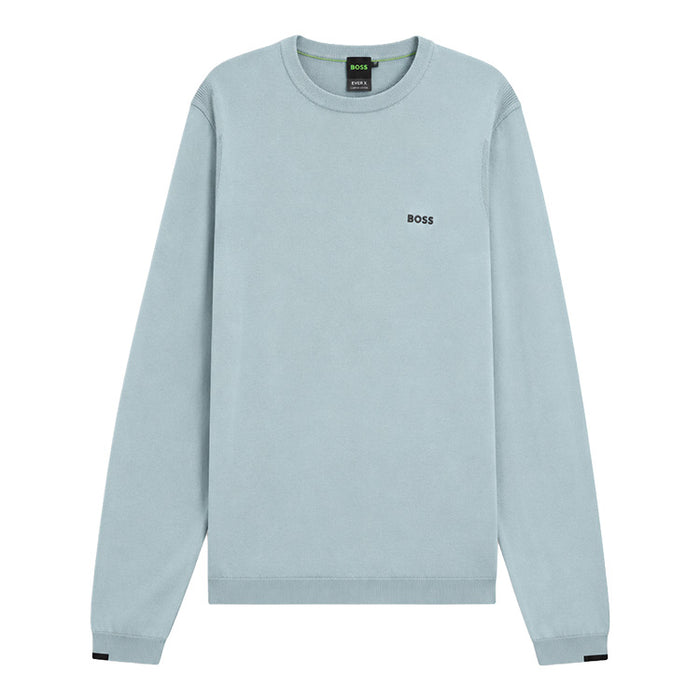 A light blue crewneck sweatshirt by HUGO BOSS, featuring a small black BOSS logo on the left chest, displayed on a clean white background.
