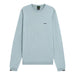 A light blue crewneck sweatshirt by HUGO BOSS, featuring a small black BOSS logo on the left chest, displayed on a clean white background.
