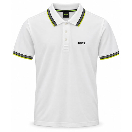 A white short-sleeve polo shirt by BOSS, featuring a black and lime green striped collar and sleeve trim, with the BOSS logo printed in black on the left chest.