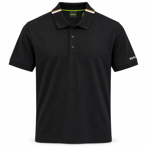 A black short-sleeve polo shirt by Hugo Boss, featuring a classic collar with a thin orange, white, and green stripe detail, a three-button placket, and a white BOSS logo on the left sleeve.
