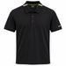 A black short-sleeve polo shirt by Hugo Boss, featuring a classic collar with a thin orange, white, and green stripe detail, a three-button placket, and a white BOSS logo on the left sleeve.