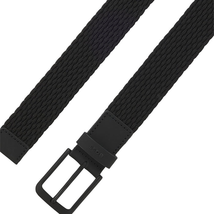 A black woven fabric belt with a matching matte black metal buckle, shown on a plain white background.
