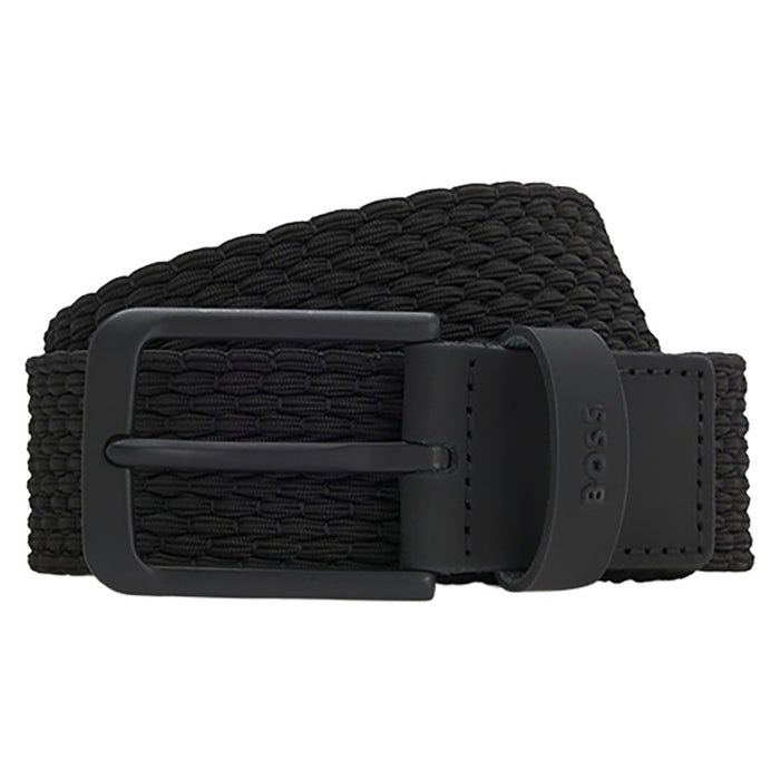 A black woven fabric belt with a matte black metal buckle and a matching black leather keeper, featuring the BOSS logo debossed on the side, set against a plain white background.