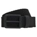 A black woven fabric belt with a matte black metal buckle and a matching black leather keeper, featuring the BOSS logo debossed on the side, set against a plain white background.