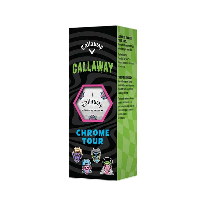 Callaway Chrome Tour 1 Callaway golf ball packaging box, featuring a black and green design with the Callaway logo and character illustrations on a white background.
