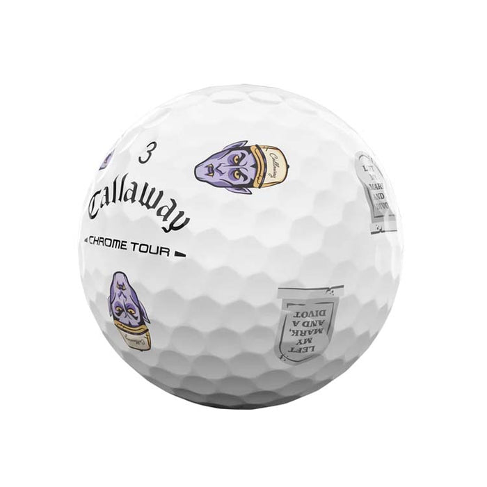 A white Callaway Chrome Tour golf ball with purple and gold character graphics and black text, shown on a plain white background.