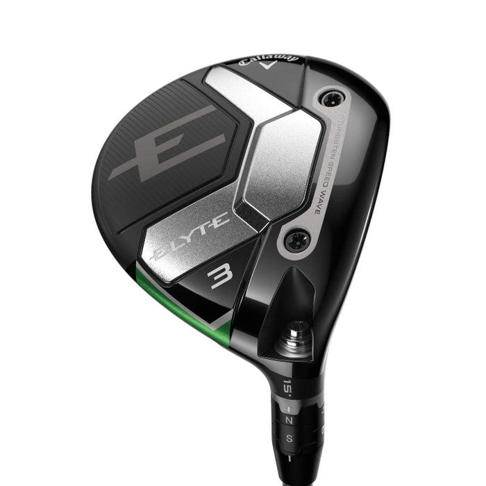 Callaway Elyte 3-wood golf club head and part of the shaft on a light gray background.