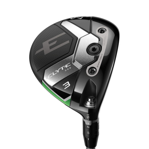 A close-up studio shot of a Callaway Elyte 3 triple diamond golf 3 wood head, showing the black and silver clubface with a green accent line, on a solid white background.