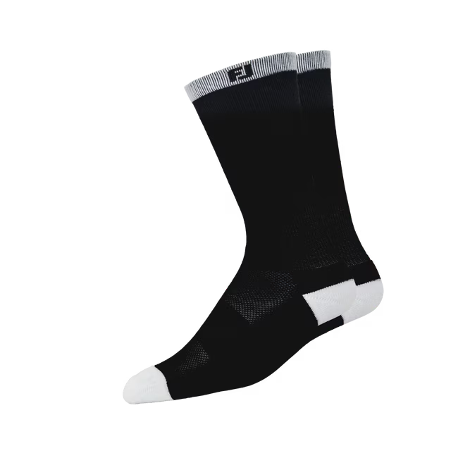 A single black crew sock with white toe, heel, and a gray ribbed cuff, featuring a small black logo on the cuff, shown against a plain white background.