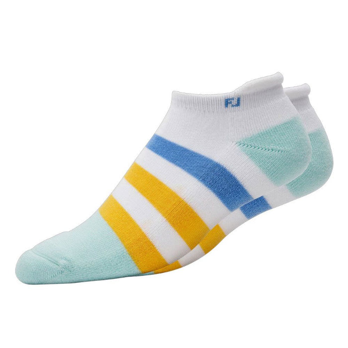 FootJoy ProDry Roll Tab Ladies Golf Socks with a white, yellow and green pattern