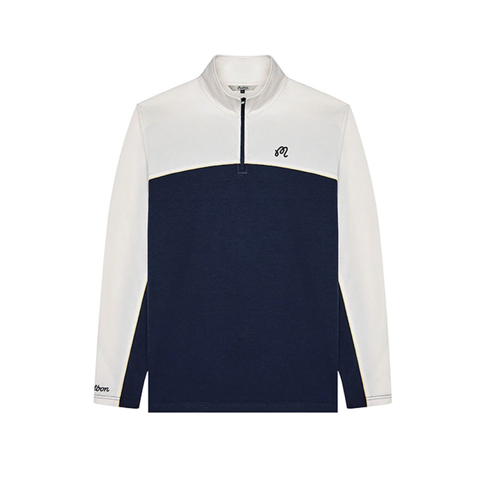 Front View of the Malbon Aurora Midlayer, a Men's Quarter Zip in Navy White