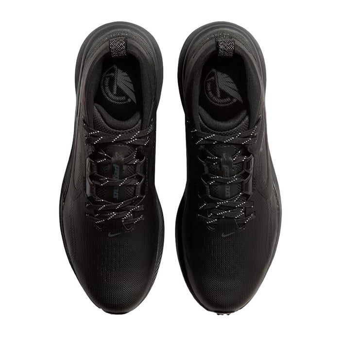 A pair of black athletic sneakers shown from a top-down view against a solid white background.