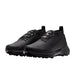 A pair of black Nike golf shoes with textured synthetic uppers, black laces, and black spiked outsoles, shown against a plain white background.