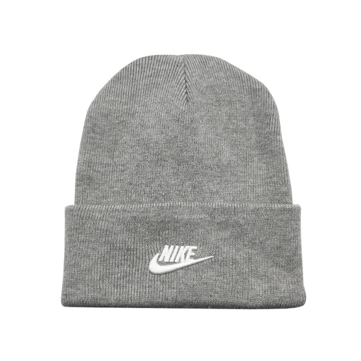 Gray knit beanie with Nike logo on a white background