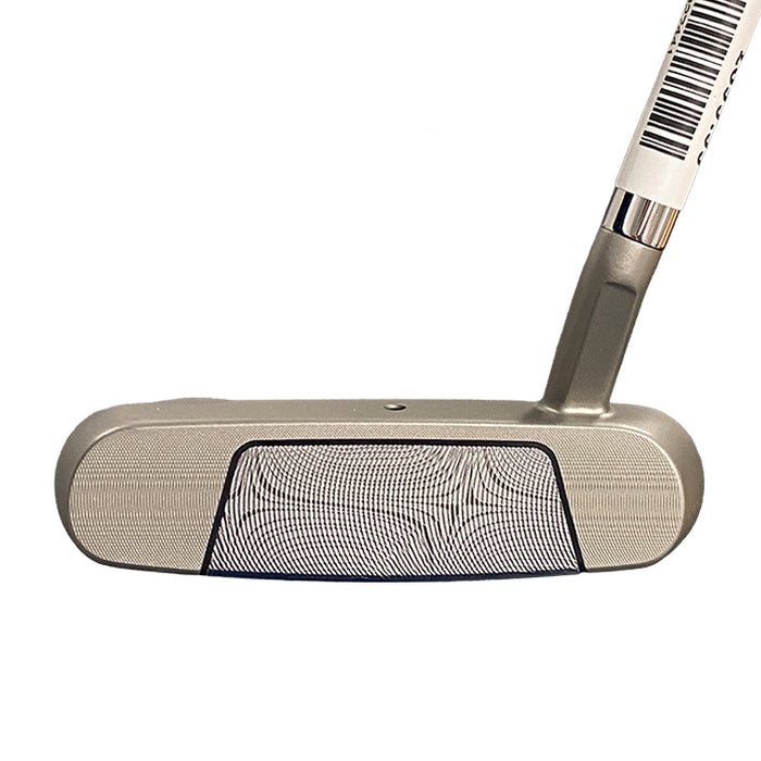 A silver-colored golf putter head with a textured damascus steel face and a wrapped handle isolated on a white background.