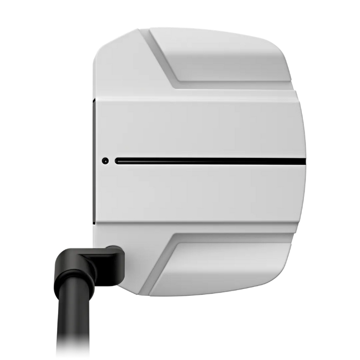 A close-up studio shot of PING Scottsdale TEC Ally Blue H Golf Putter at address with a black center stripe and a black shaft visible at the lower left, isolated on a black background.