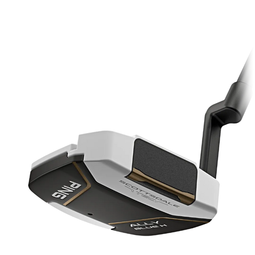 Close-up studio shot of a PING Scottsdale TEC Ally Blue H Golf Putter head and part of the shaft on a clean white background.