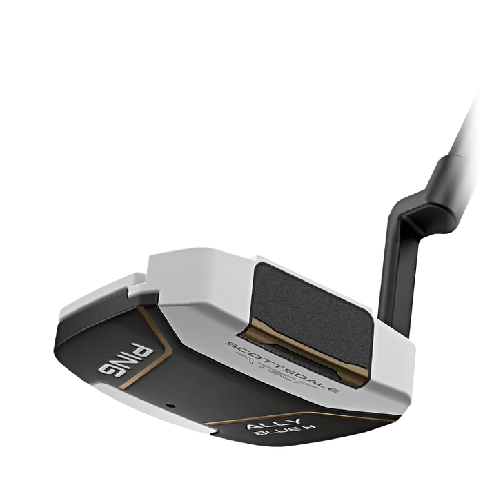 Close-up studio shot of a PING Scottsdale TEC Ally Blue H Golf Putter head and part of the shaft on a clean white background.