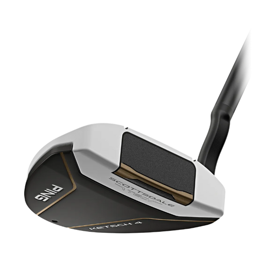 A close-up studio shot of a PING Scottsdale Ketsch 4 golf putter head, showing the white and black metal clubface with gold accents, textured black sole, and a black handle against a clean white background.
