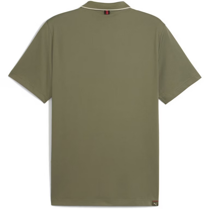 An olive green short-sleeve polo shirt shown from the back, featuring a white contrast collar and a small red and blue striped detail at the inner neck.