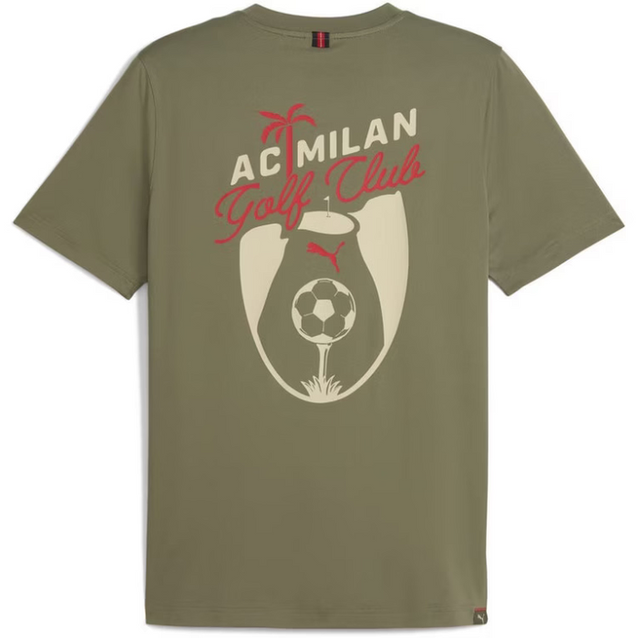 An olive green Puma AC Milan Golf Club t-shirt shown from the back, featuring a large graphic print with a palm tree, 'AC MILAN' in cream, 'Golf Club' in red script, and a Puma logo.