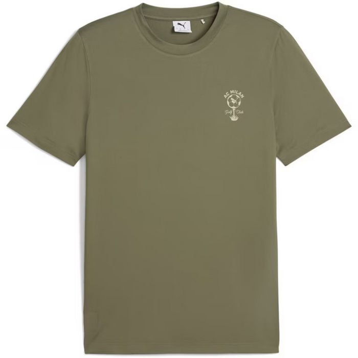 An olive green crewneck t-shirt by Puma, featuring a small white chest graphic of a puma with the text 'BE MUCK' and 'BE MUCK PUMA' on a plain white background.