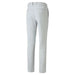 A pair of light gray slim-fit trousers shown from the back, featuring a belt loop, two rear patch pockets, and a button closure, displayed on a solid white background.
