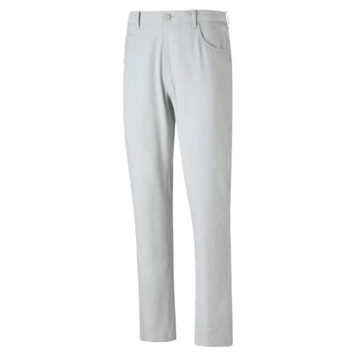 A pair of light gray slim-fit trousers shown flat against a solid white background.