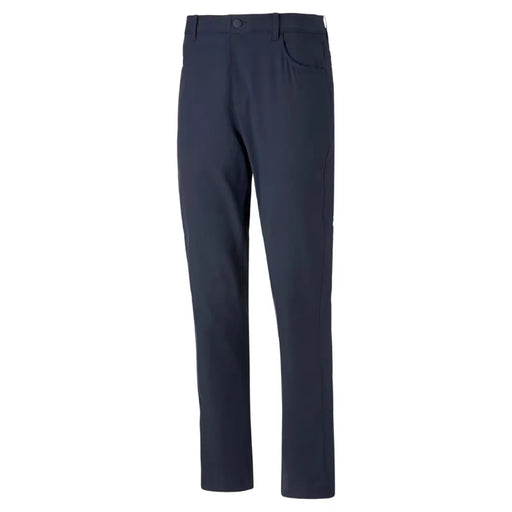 A view from the front of a pair of navy Puma Golf trousers
