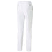 White puma men's slim-fit trousers shown from the back, featuring a clean waistband, belt loops, and a small metallic brand plaque on the upper right side.
