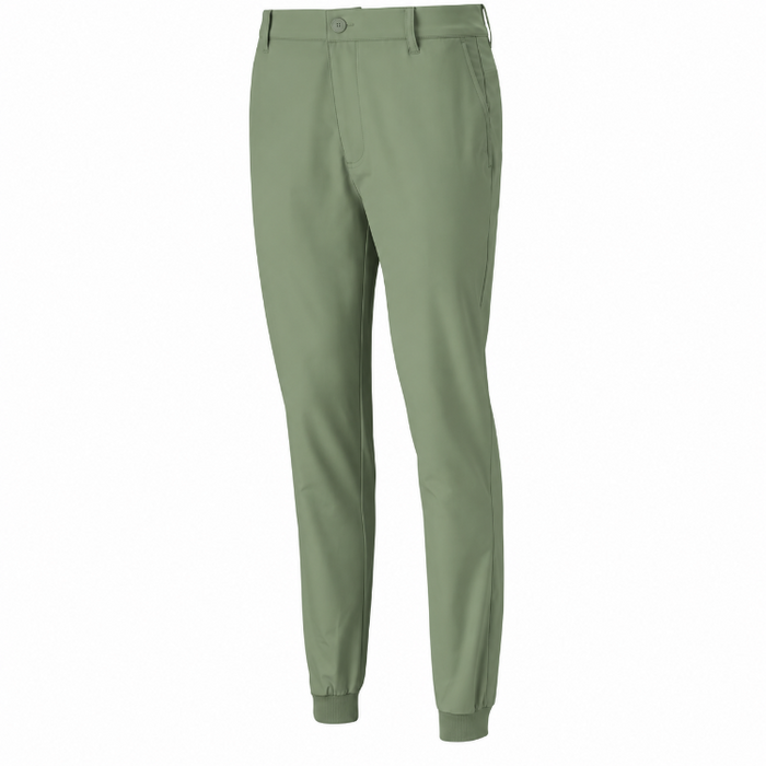 A Front view of the Puma Dealer golfer's Jogging bottoms in a dark sage colour