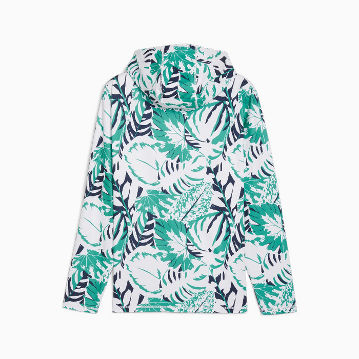 Tropical leaf patterned jacket on a white background