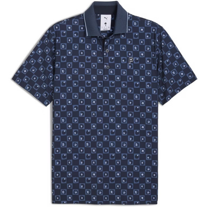 A navy micro golf polo shirt from Puma and the Palm Tree Crew in Deep Navy viewed from the front