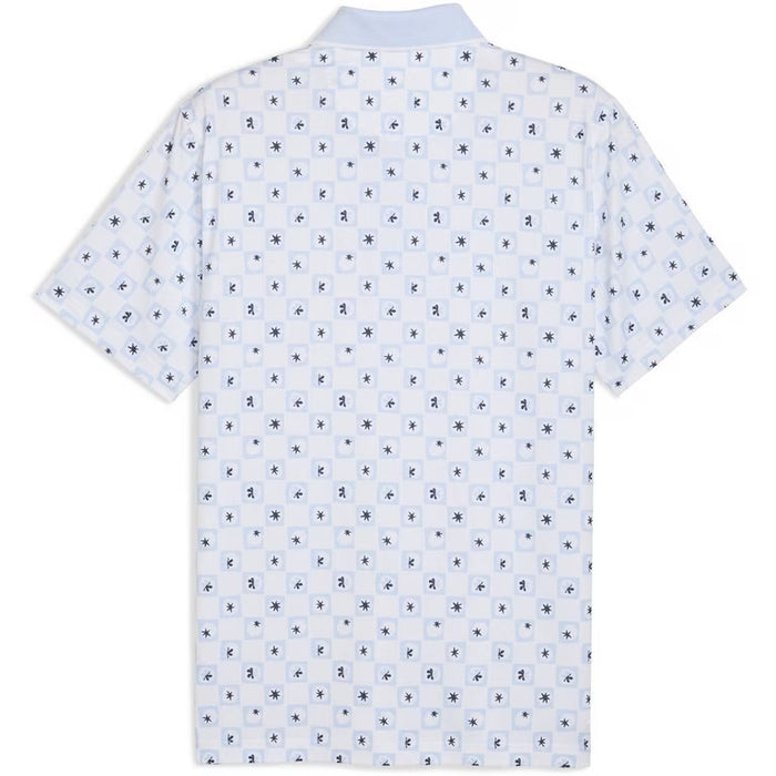 A white golf polo shirt from Puma and the Palm Tree Crew in White glow viewed from the back
