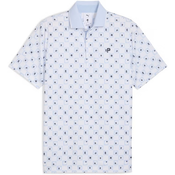 A white golf polo shirt from Puma and the Palm Tree Crew in White glow viewed from the front