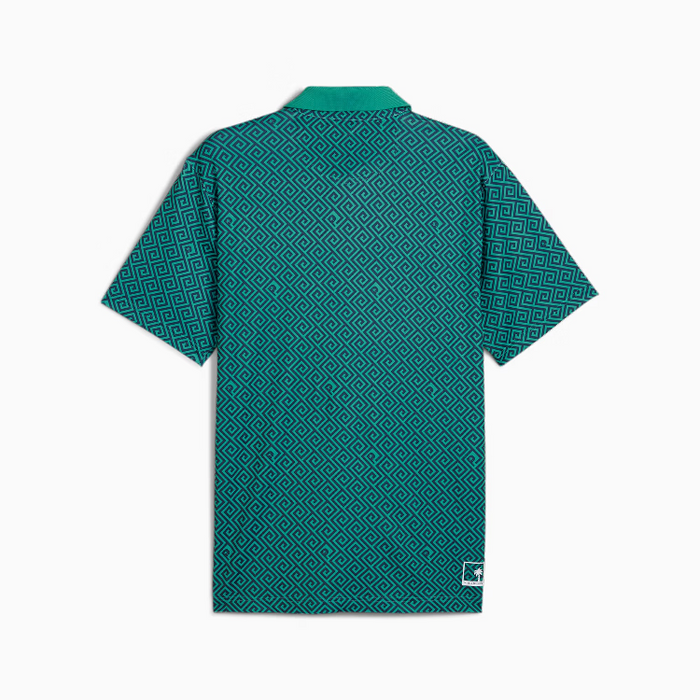 A green patterned golf polo shirt from Puma and the Palm Tree Crew in Sparkling green viewed from the back