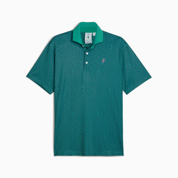 A green patterned golf polo shirt from Puma and the Palm Tree Crew in Sparkling green viewed from the front
