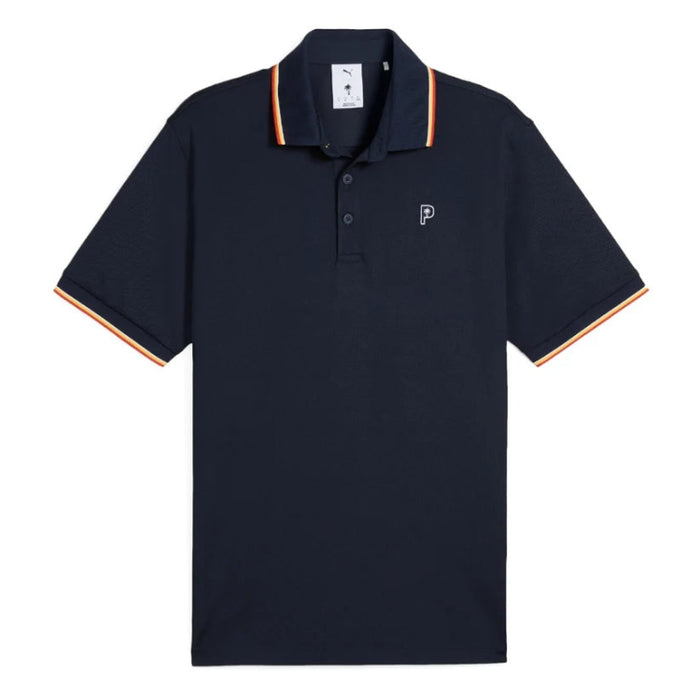 A dark navy golf polo shirt from Puma and the Palm Tree Crew in deep navy viewed from the front