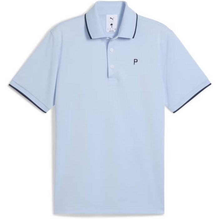 A white golf polo shirt from Puma and the Palm Tree Crew in Haute Tropic viewed from the front