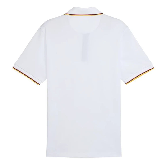 A white golf polo shirt from Puma and the Palm Tree Crew in white glow viewed from the back