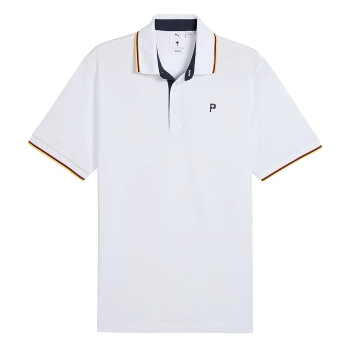 A white golf polo shirt from Puma and the Palm Tree Crew in White glow viewed from the front