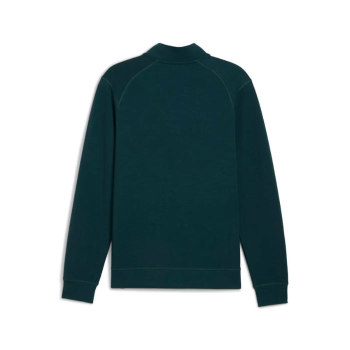 A dark green terrain long-sleeve quarter-zip sweatshirt from puma golf and reigning champ shown from the back, displayed on a clean white background.