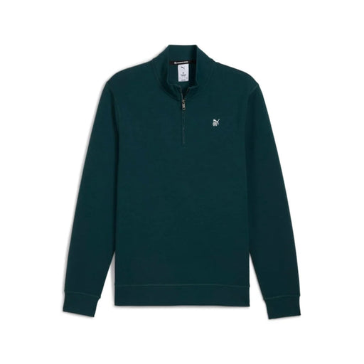 A dark green long-sleeve puma golf quarter-zip sweatshirt with a small white embroidered logo on the left chest, displayed on a clean white background.