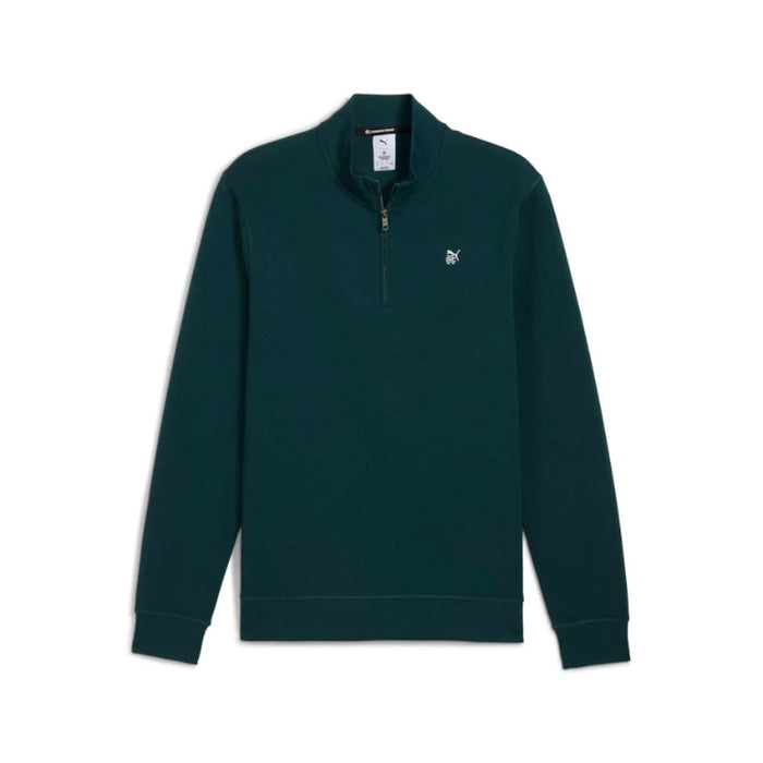 A dark green long-sleeve puma golf quarter-zip sweatshirt with a small white embroidered logo on the left chest, displayed on a clean white background.