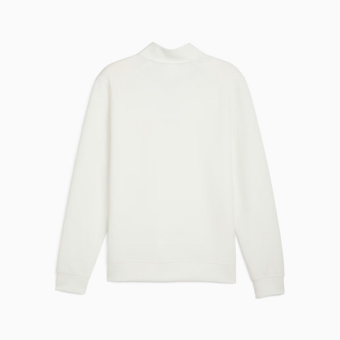 A warm white long-sleeve quarter-zip sweatshirt from puma golf and reigning champ shown from the back, displayed on a clean white background.