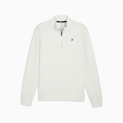 A warm white long-sleeve puma golf quarter-zip sweatshirt with a small embroidered logo on the left chest, displayed on a clean white background.