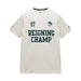 An off-white short-sleeve t-shirt with 'REIGNING CHAMP' printed in dark green across the chest, featuring a '07' on the left chest and a circular crest on the right chest, displayed on a solid white background.